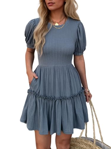Image of Mieazom Women's Puff Sleeve Ruffle Dress, Brown Cotton Blend Mini Dress with Pockets, Elastic Waist & Flowy Fit