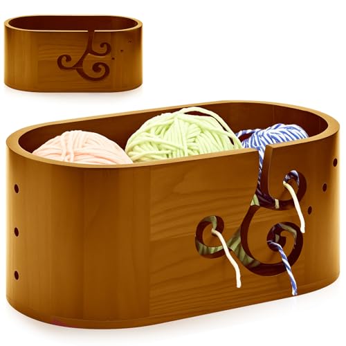 Image of Marsui Oval Wooden Yarn Bowls with 3 Holes Curly Design Yarn Holder for Crocheting, Crochet Bowl for Knitting Storage Crocheters Gift Knitting Supplies, 5.47 x 10.79 x 4.72 Inch