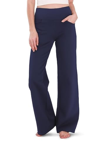 Houmous Wide Leg Pants Women Cotton Yoga Pant High Waist Loose Lounge Stretch Trousers with Pockets, 34 Inseam, Navy Blue, L