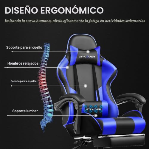 Miniatura 7 de Gtplayer Silla Para Juegos, Silla De Computadora Con Reposapiés Y Soporte Lumbar, Silla De Juego Ajustable En Altura Con Asiento Giratorio De 360 Y Reposacabezas Para Juegos Azul