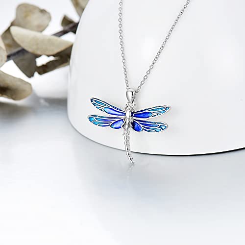 PELOVNY Christmas Gifts Blue Dragonfly Necklace for Women S925 Sterling Silver Dragonfly Pendant for Dragonfly Gifts for Lover Chain 18’’+2’’4