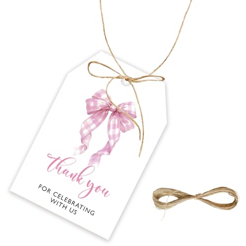50 peças de etiquetas de agradecimento de laço rosa, etiqueta de presente de laço coquete rosa com c