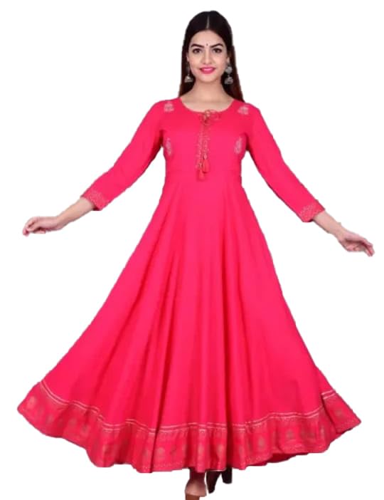 Women's Pink Flared Anarkali Dress, Long Sleeves, Floor Length, Embellished Border-image-33