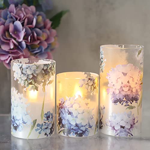 Image of Blue Hydrangea Flameless Candles, Decorative LED Candles Flickering with Remote Timer, Battery Operated Real Wax Candles for Birthday Party Love Decor, Set of 3