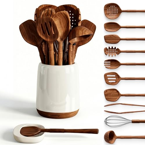 Wooden Spoons for Cooking - 12-Piece Premium Walnut Wood Utensil Set with Elegant Ceramic Holder & Spoon Rest, Non-Scratch Cooking Utensils Set for Nonstick Cookware, Luxury Kitchen Gift Set [Walnut]