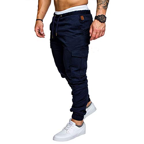 WSLCN Calça de Carga Masculina Slim Fit Calças de Moletom de Jogging Cintura Elástica Azul marinho T