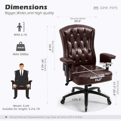 YAMASORO Ergonomic Executive Office Chair with Wheels and Arms, Tufted Back & Nailhead Trim, Home Office Desk Chairs for Home & Office, Faux Leather Swivel Work Chair,Brown