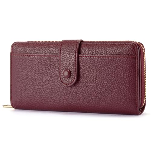 Grand porte-monnaie femme portefeuille femme en cuir synthétique lisse et souple, bourse longue avec fermeture à glissière et bouton-pression, pochette...