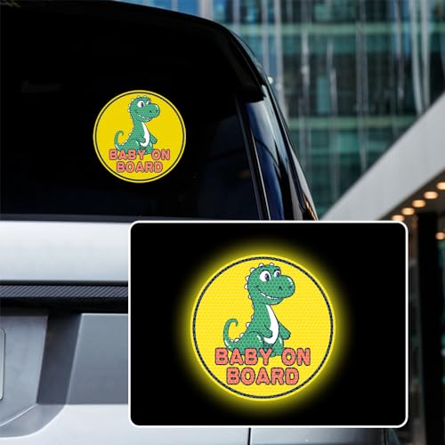 Image of 2PCS Assured Signs Baby On Board Sign Stickers,Reflective Baby Safety Warning Decal for Cars- Bright Yellow, Durable (Dinosaur Baby on Board)