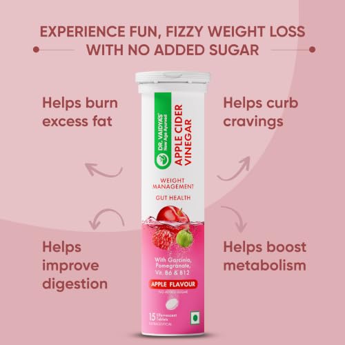 Image of Dr. Vaidya's Apple Cider Vinegar (ACV) Effervescent Tablets with Garcinia, Pomegranate, Vitamin B6 & B12 | Supports Weight Management, Metabolism, Digestion & Gut Health | Tasty Apple Flavour | 15 Tablets per Pack , Pack of 1