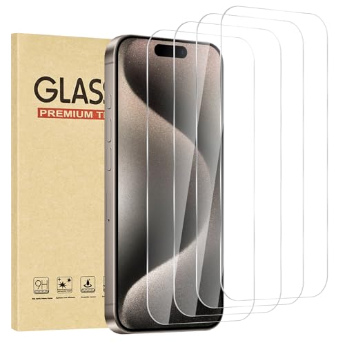 Jngnpn 4 Pack for iPhone 15 Pro Screen Protector，Premium Tempered Glass Film 9H Hardness，Scratch Resistant，Bubble Free，Easy Installation，Ultra Durable，HD Clear，Case Friendly [6.1 inch]