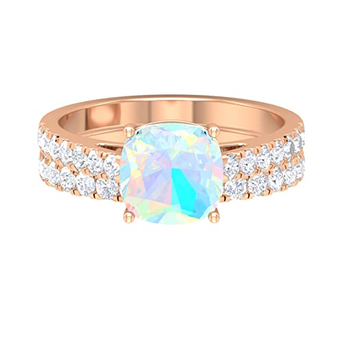3 CT Ethopian Opal and Moissanite Ring Set, 8 MM Cushion Cut Ethopian Opal Solitaire Ring, Moissanite Eternity Band, October Birthstone Ring, 14K Rose Gold, Size:US 7.00