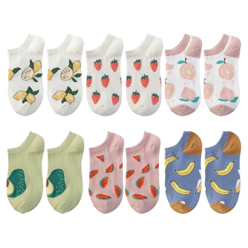 ZGDEIWGF 6 Pares de Calcetines Tobilleros para Mujer Con Estampado de Frutas, Algodón, Divertidos y Lindos