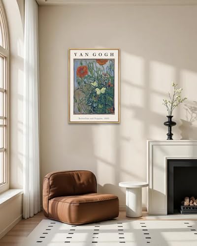 Vincent Van Gogh Framed Wall Art Print Butterflies And Poppies Flowers by Van Gogh Canvas Prints Painting Reproduction for Living Room Bedroom Kitchen Office Home Decor 12"x16" Natural Framed - image 4