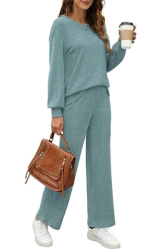 WIHOLL Womens Sweatsuits Sets Long Sleeve Crewneck Top Wide Leg Pants Two Piece Outfits3
