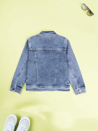 Image of KiddoPanti Boys Denim Jacket | Cotton Poly Blend with Spandex | Washed Denim, Full Sleeve | Button Closure & Front Flap Pockets | Collared Neck