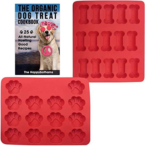 Dog Paw and Bone Mold and Recipe Gift Set | Food Grade Silicone Baking Molds for Puppy Snacks | Physical Cookbook with 25 Organic Recipes for Homemade Dog Treats