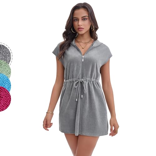 Navisting Terry Cloth Swim Cover Up for Women UPF 50+ Hooded Beach Swimsuits Cotton Robes Cover-up with Zipper Pockets Sun Protection Beach Swimwear Charcoal Gray L