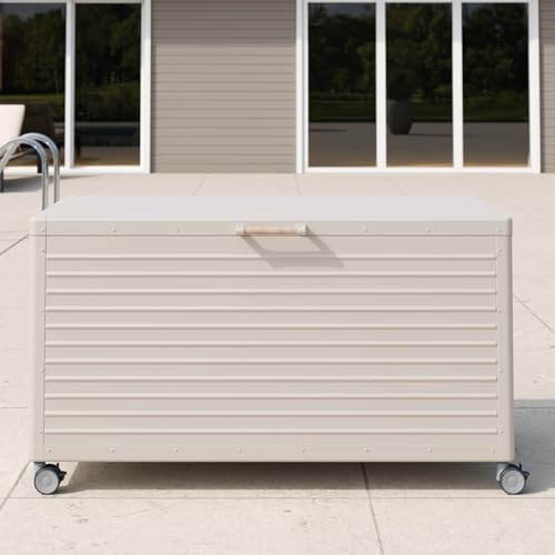Image of MIRADOR 175 Gallon Outdoor Storage Box with Wheels & Soft-Close Lid, Waterproof Metal Deck Box for Patio Cushions, Garden Tools & Pool Accessories, Latte