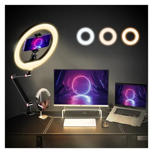 APEXEL 10' Ring Light for Desk, Ring Light with Stand and Phone Holder, Overhead Camera Mount with...