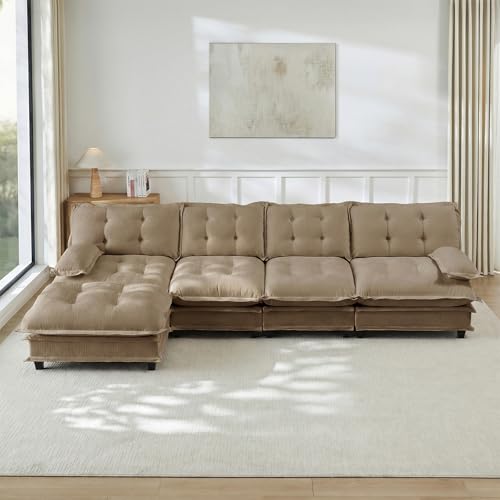 Image of 138 inch L-Shaped Sectional Couches for Living Room, Light Coffee 4 Seater Modern Chenille Deep Seat Sofa Set, Salas para Casa, High Back Cloud Couch Modular Sectional Sets with Ottoman