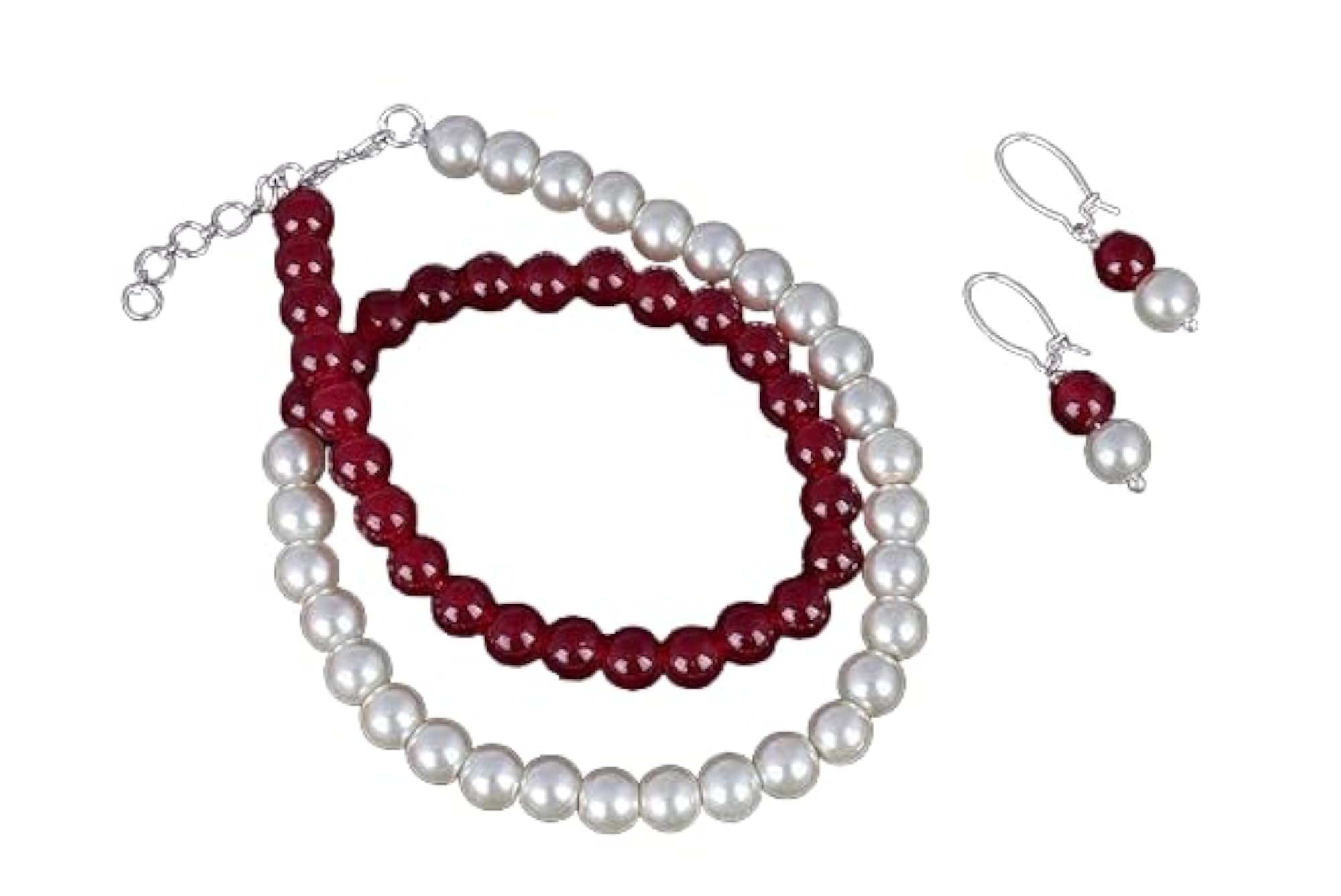 Women's Pearl Necklace Set, White & Red Mala