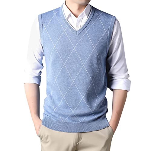 Men's Gilets V Neck Sleeveless Jumper Vest Cotton Casual Autumn Winter Ribbed Tanks Tops Waistcoat Jumper Business Pullovers Slim Fit Round Neck Gilet Light Blue