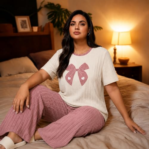 Image of Emilaura Womens Plus Size Pajama Set 2 Piece Short Sleeve with Long Pant Sleepwear Soft & Cozy Bow Loungewear (XL to 5X)