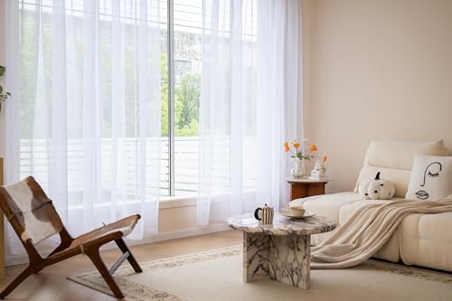 Image of MYSTIC-HOME Sheer Curtains White 84 Inches Long, Window Treatments Rod Pocket Drapes for Living Room, Bedroom, Semi Crinkle Voile Extra Wide Curtains for Yard, Villa, Parlor, 108 inchx 84 inch,2 Pcs