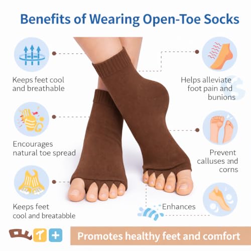 Image of Foot Alignment Orthopedic Cotton Socks for Men & Women | Five Toe Separator | Foot Pain Relief | Bunion Corrector | Plantar Fasciitis Support |Free Size | Brwon-Beige | 2 Pair | UK8-11