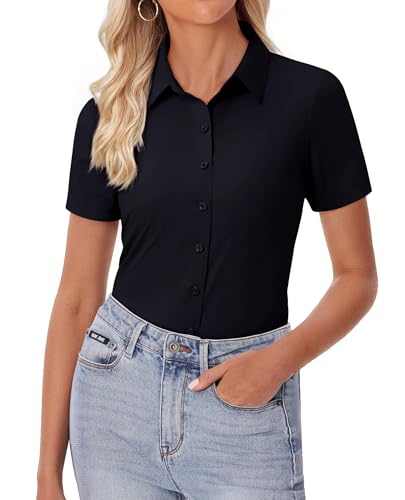 Image of siliteelon Womens Button Down Shirt Slim Fit Stretch Short Sleeve Dress Shirt Wrinkle Free Collared Business Work Blouse Top