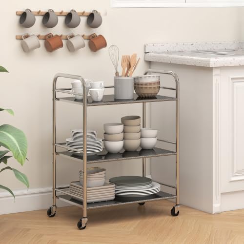 HOMCOM 3 Tier Stainless Steel Storage Trolley Adjustable Shelf Silver - Image 8