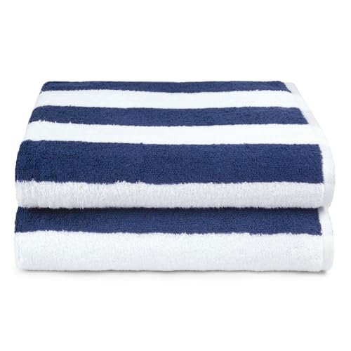 Image of Amazon Basics 100% Cotton Soft & Absorbent Beach Towels, Cabana Stripe, Fast Drying, Machine Washable, Large 30 in x 60 in, Navy Blue, 4-Pack
