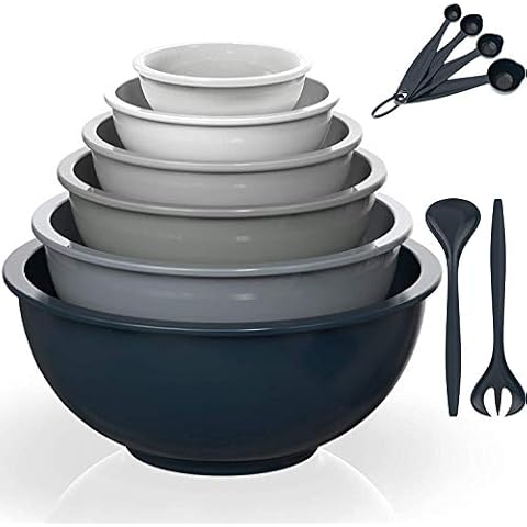 AIKKIL Mixing Bowls Set- Plastic Nesting Salad Bowls Set, Includes 6PCS Mixing Bowls, 2PCS Fork, 4PCS Measuring Spoons, Ideal for Mixing & Serving (Gray Gradient, 12) Cover