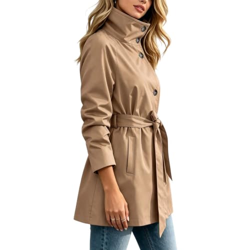 Women's Single Breasted Short High Collar Trench Coat With Belt | Single Breasted Short Jackets, Open Front, Lightweight Button Trench Coat with Belt, Casual Trendy Fall Winter Coats - image 2