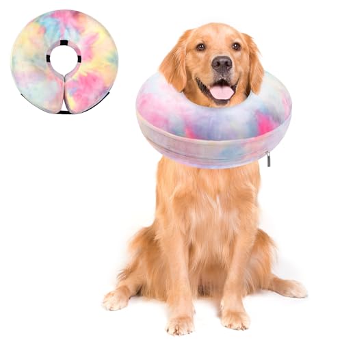 Image of Dog Cone, Uadonile Inflatable Dog Cone Collar for Dogs and Cats, Dog Neck Collar Recovery E-Collar Alternative After Surgery, Elizabethan Collar for Dogs Recovery(Tie-dye Pink Blue, XL)