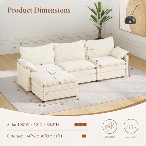 Image of Vesgantti 108 inch Modular Sectional Sofa, Comfy Cloud Couch with Movable Ottoman Deep Seat Corduroy L Shaped Modular Sofa, Sectional Couches for Living Room, Bedroom and Apartment, Beige
