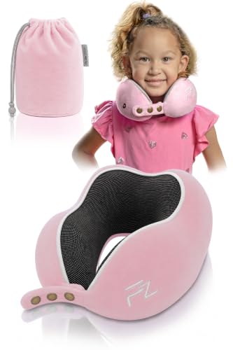 FLOWZOOM Nackenkissen für Kinder ab 3 Jahre - auch für Kindersitz geeignet - einstellbares Memoryfoam Kids-Reisekissen Auto mit weichem & waschbarem Bezug - inkl. Beutel - Rosa Größe S (ab 3 J.)