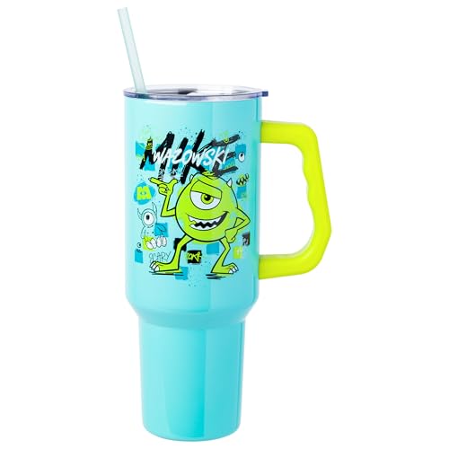 Image of Silver Buffalo Disney Pixar Monsters Inc. Double Walled Stainless Steel Tumbler with Handle Featuring Mike Wazowski, Fits in Standard Cup Holder, 40 Ounces