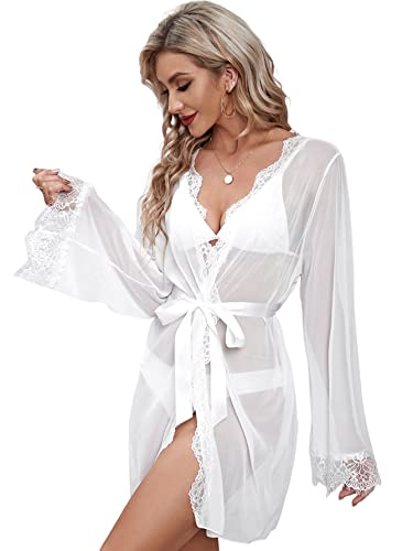 WDIRARA Women's See Through Lace Trim Long Sleeve Belted Short Sheer Robe Kimono