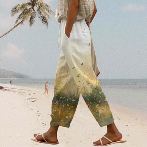 Boho Cotton Linen Pants for Womens 2025 Summer Casual Drawstring High Waisted Capri Pants with Pockets4