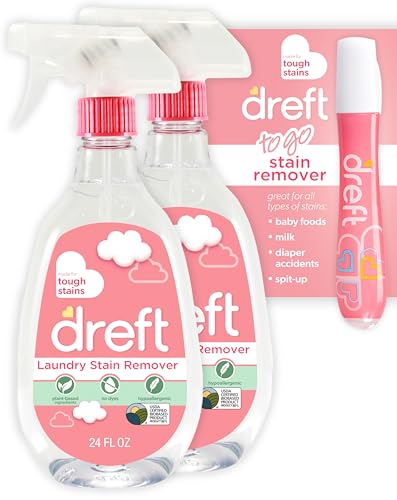 Dreft Stain Remover for Baby Clothes and Hypoallergenic Baby Stain Remover Spray Plus Travel Size Stain Treater Pen, 24 Fl Oz ( Pack of 2 + Stain Pen)