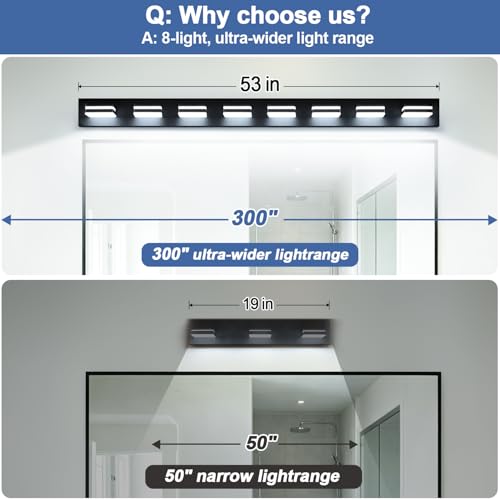 Image of Torondo 360 Rotate LED Bathroom Vanity Light Fixtures, Acrylic Vanity Lights for Bathroom, Modern Wall Lighting Fixtures Over Mirror Living, Matte Black, Natural White, 8-Light, 53-Inch