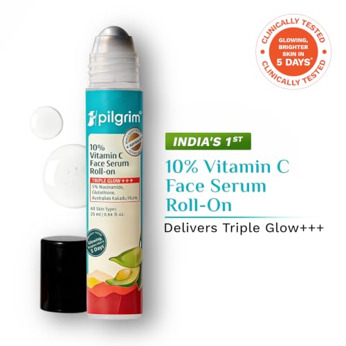 Image of Pilgrim 10% Vitamin C Face Serum Roll-On for Glowing Skin with Niacinamide & Glutathione, Kakadu Plum | Reduces Dark Spots, Brightening Serum for Even Skin Tone | For All Skin Type - 25ml (Pack of 3)