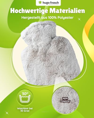 Hugo Frosch Wärmflasche Klassik 1,8l – Made in Germany – mit kuscheligem Flauschbezug Taupe – große, auslaufsichere Bettflasche – langlebig & mit waschbarem Bezug