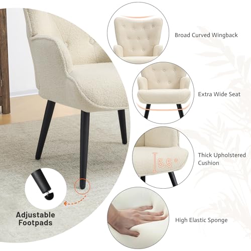 Furniliving Boucle Accent Chair for Living Room, Upholstered Reading Chair with High Backrest, Tufted-Button Wingback Armchair for Bedroom, Dressing Room, Home Office, Ivory White - Thumbnail 5