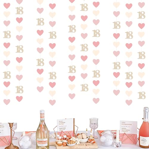 Image of Champagne Gold Pink 18th Birthday Decorations Champagne Gold Dusty Pink Heart Garland Streamer Banner Backdrop for Girls Happy 18th Birthday Time to Adult Cheers to 18 Years Old Party Supplies