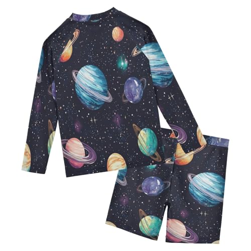 Space Planets Boys Swimsuit Rash Guard Toddler Kids Long Sleeve Swim Shirt and Trunks Swimwear Set 3-10Y2