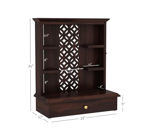 Image of Solid Sheesham Wood Temple for Home & Office /Mandir /God Stand /Pooja Stand /Home Mandap /Mandapam with Cabinet Doors & Multiple Storage /Shelf with Drawers (Walnut3, 20x15x28 inch)