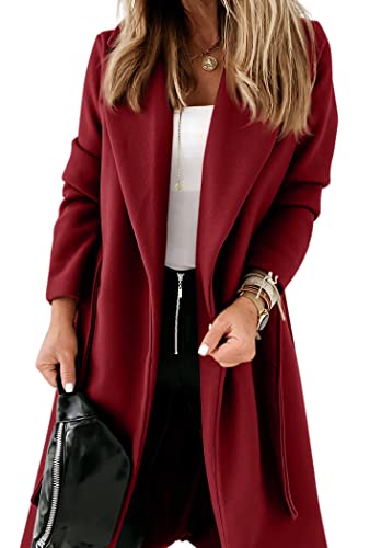 Ladiyo Womens Classic Coat Lapel Collar Open Front Belted Long Jacket